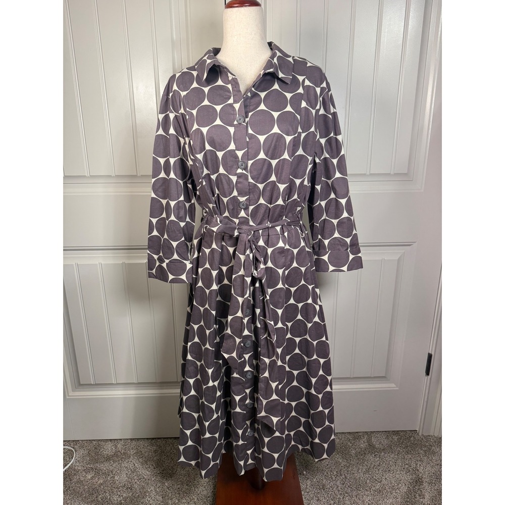 Boden Polka Dot Shirt Dress Womens 18L Gray Cotton Belted Midi Pockets Preppy